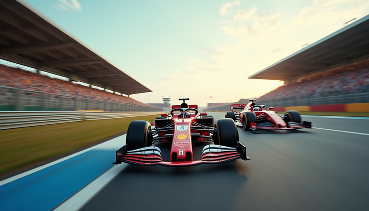 Vista frontal de un monoplaza de F1 en plena recta con el DRS activado y adelantando a otro coche