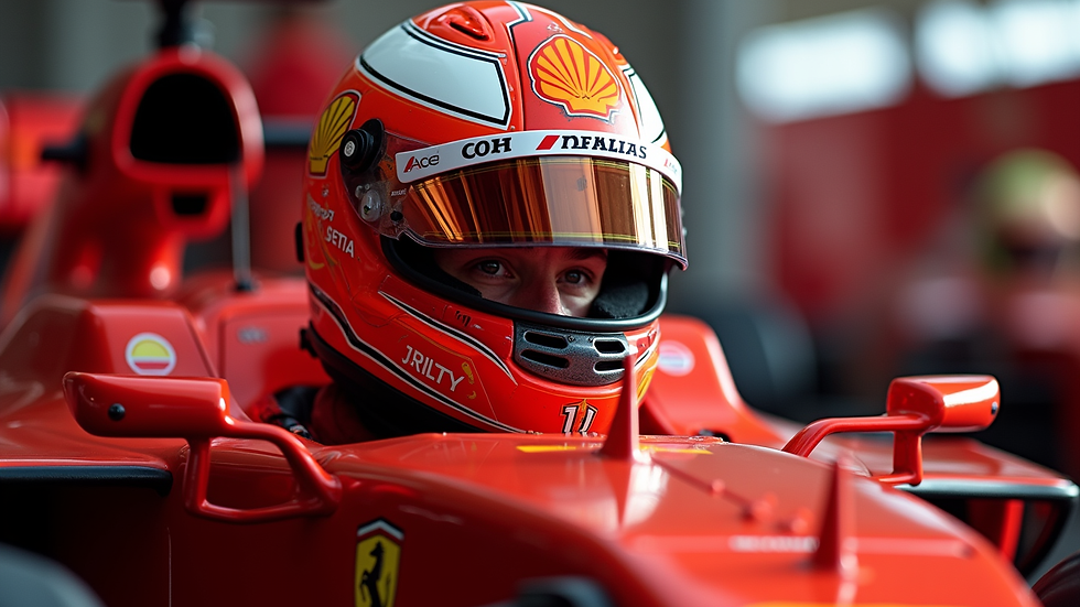 Primer plano del casco de Charles Leclerc en el box de Ferrari