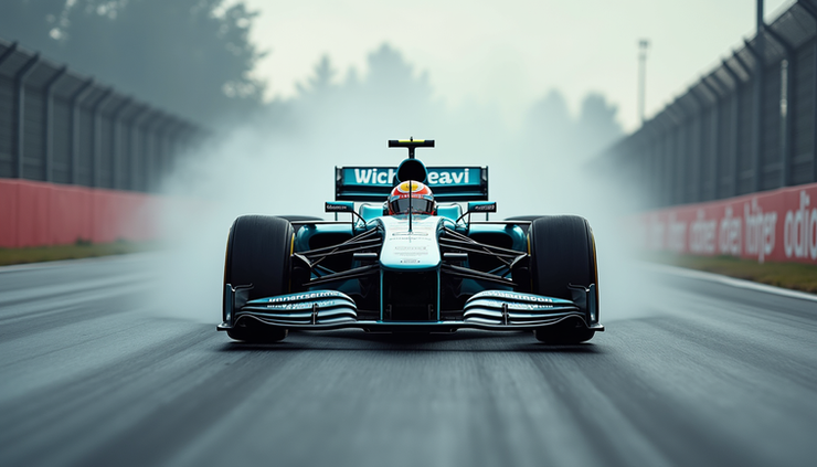 Vista frontal de un auto de F1 en pista con alerón trasero visible y viento soplando