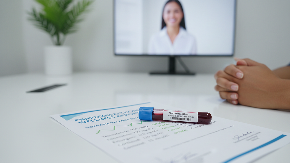 Close-up view of a blood sample vial and hormone test results on a desk
