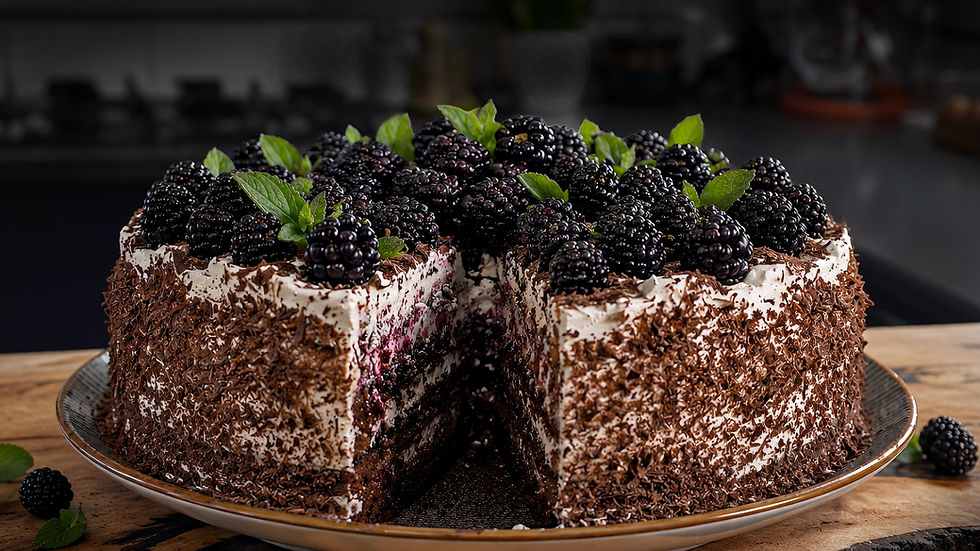Chocolate cake with cream frosting topped with blackberries and mint leaves. A slice is missing, revealing layers. Wooden table setting.