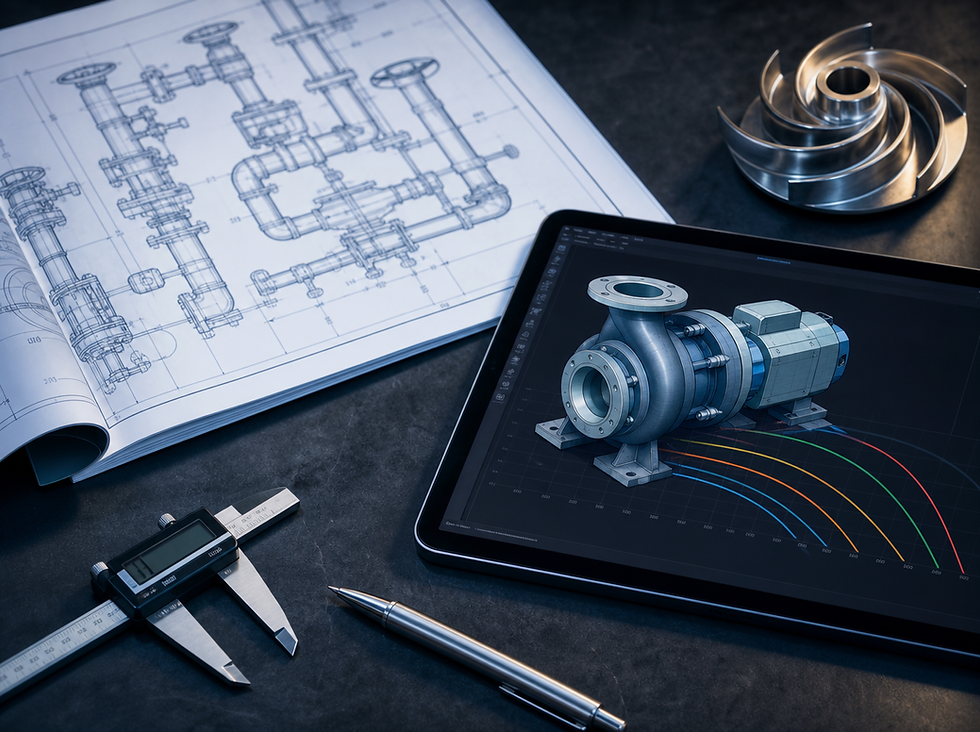 Mavi teknik çizim, tablet ekranında 3D pompa modeli, kumpas ve kalem; metal işleme parçalarıyla mühendislik masası.