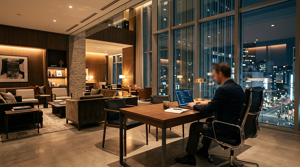 Gece şehir manzaralı modern lounge’da masada dizüstü bilgisayarda çalışan bir adam; sıcak ışıklar ve koltuklar.