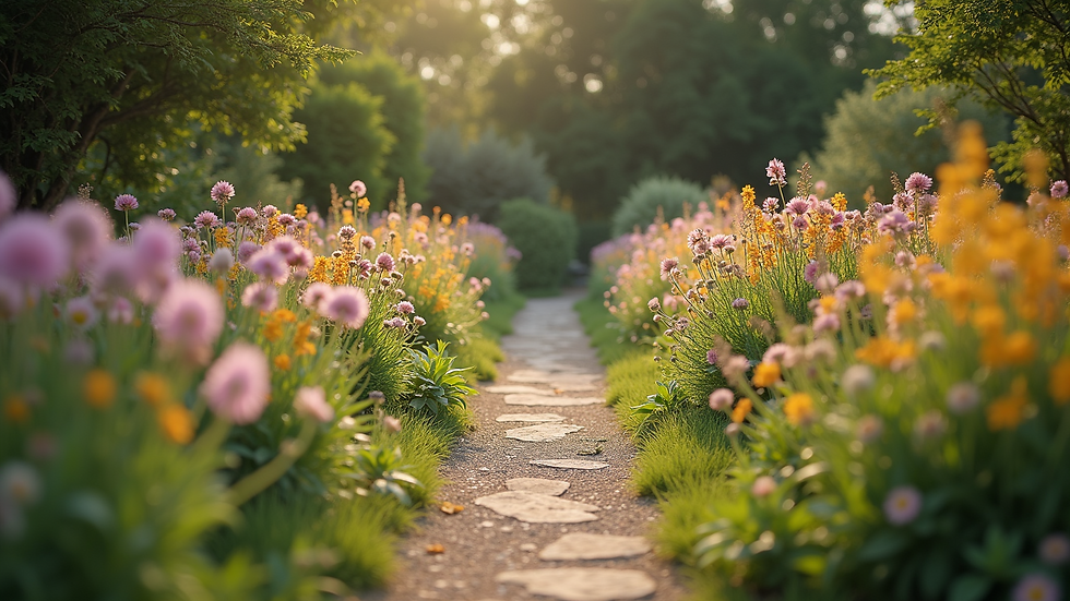 High angle view of a peaceful garden path surrounded by blooming flowers
