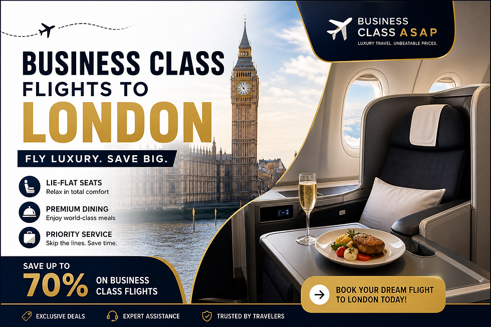 Luxury business class flight to London with lie-flat seats, premium dining, and skyline view of Big Ben.