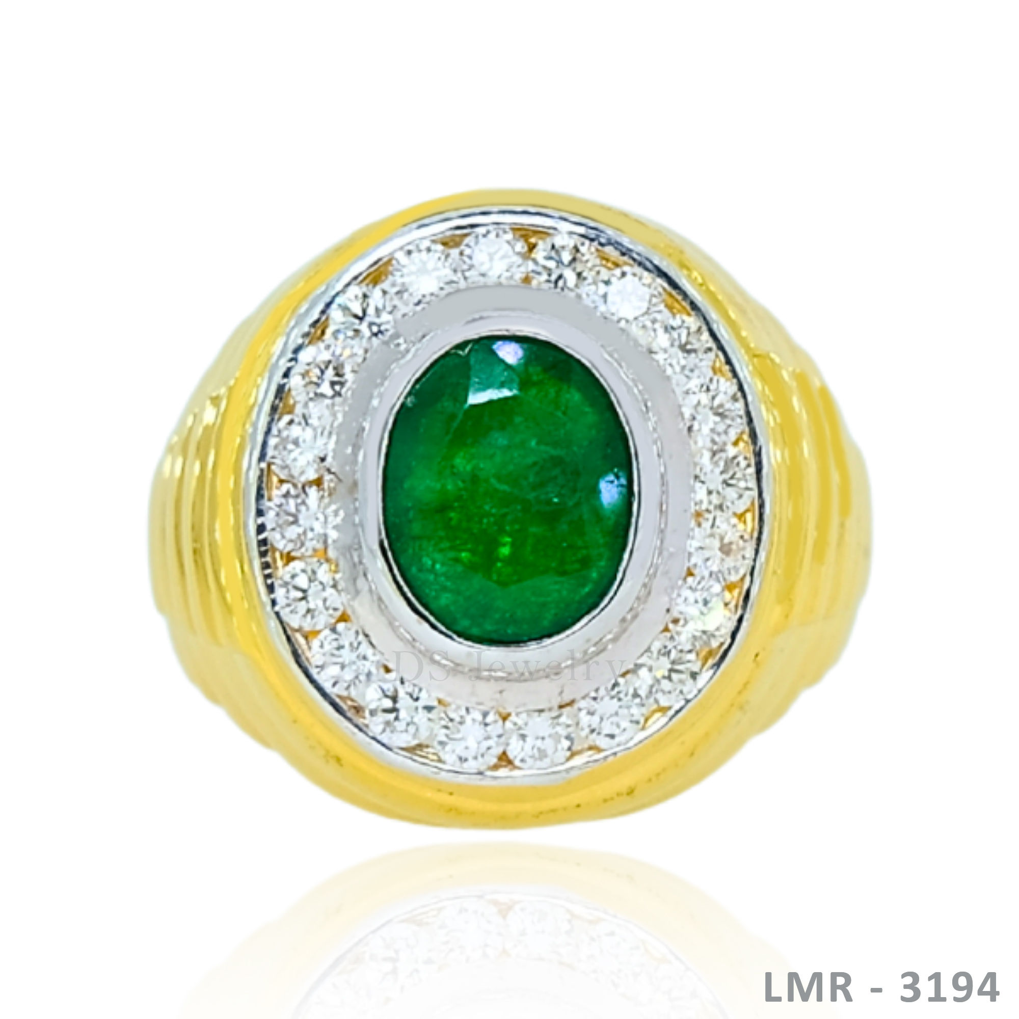 14K-YG Emerald Ligid with Lab Diamond Mens Ring