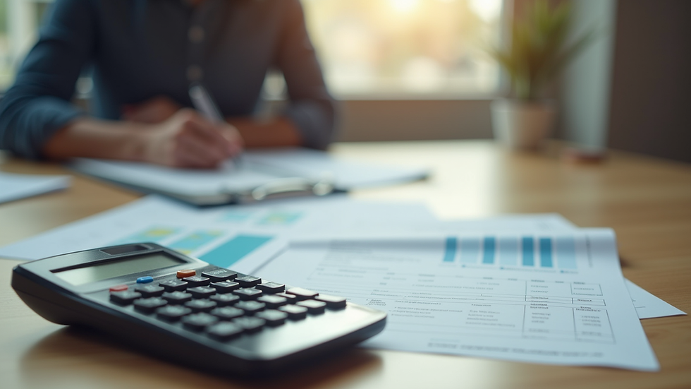 Eye-level view of a calculator and financial documents on a wooden table
