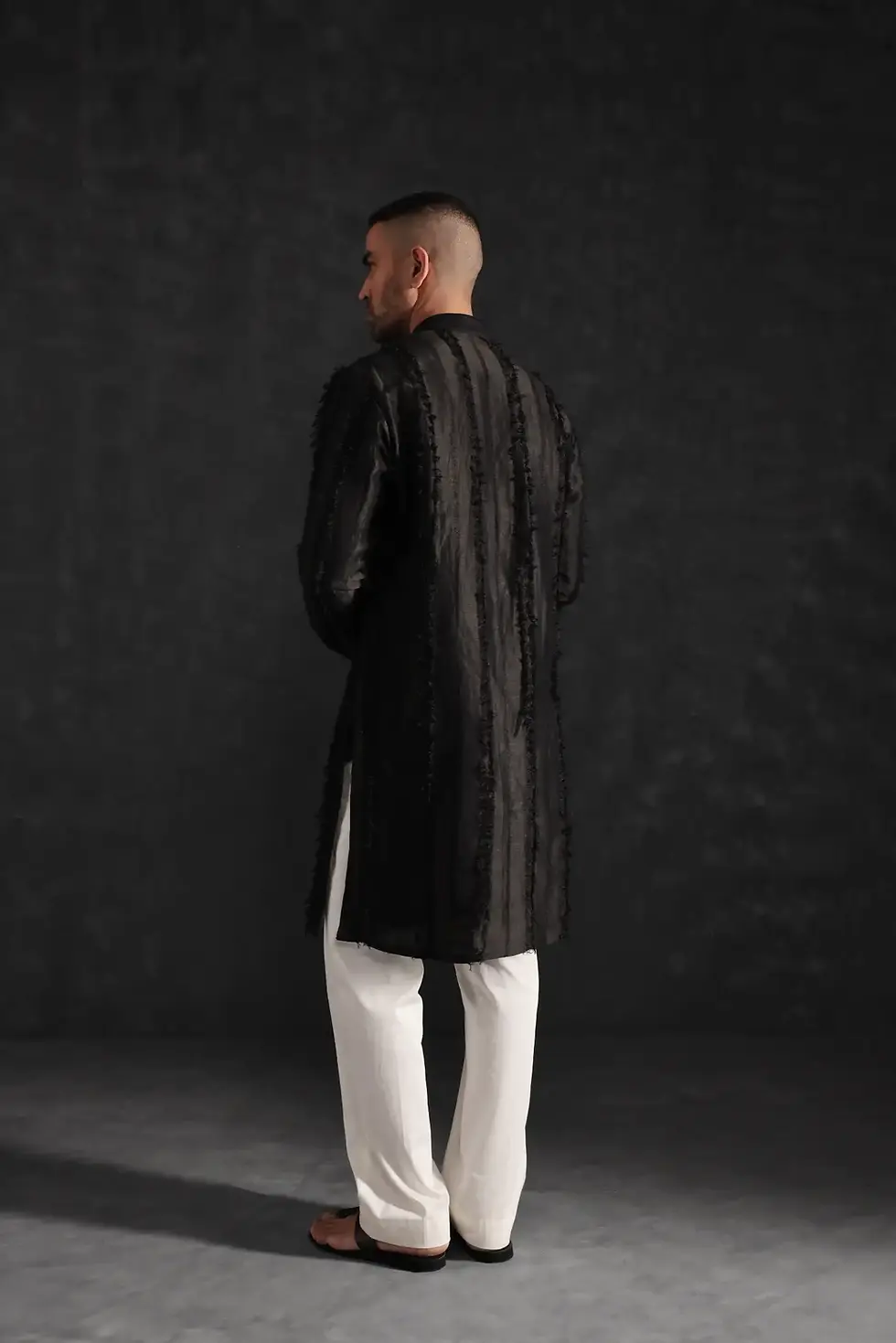 Thumbnail: Black Frayed Thread Silk Kurta