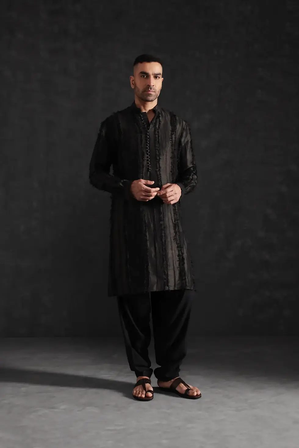 Thumbnail: Black Frayed Thread Silk Kurta