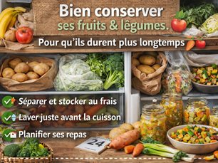 Photo réaliste montrant la conservation optimale des fruits et légumes dans une cuisine familiale. Plusieurs produits sont visibles : pommes, poires, patates douces, carottes, choux, mâche et poireaux. Certains légumes sont dans des sacs perforés ou boîtes hermétiques dans le réfrigérateur, d’autres sur le plan de travail prêts à cuisiner. L’image illustre des astuces de stockage : séparer les fruits qui produisent de l’éthylène, laver les légumes juste avant la cuisson et planifier ses repas. Lumière naturelle et ambiance chaleureuse