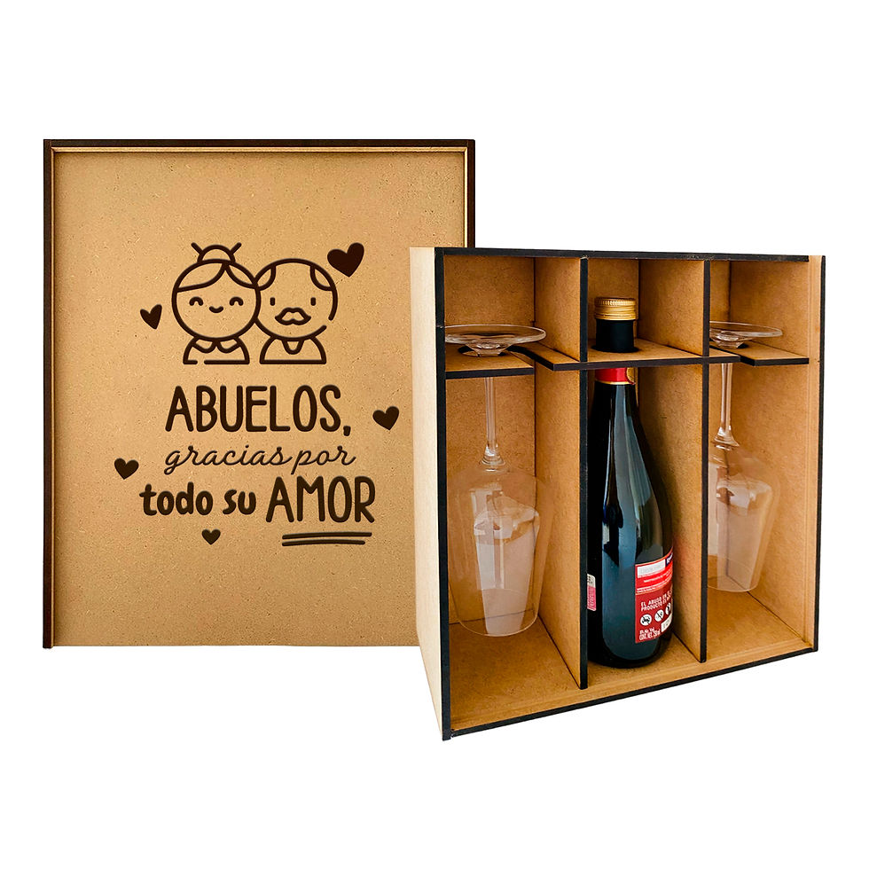 Miniatura: Caja MDF Con Soporte Para Vino y Copas Grabada | Para Los Abuelos