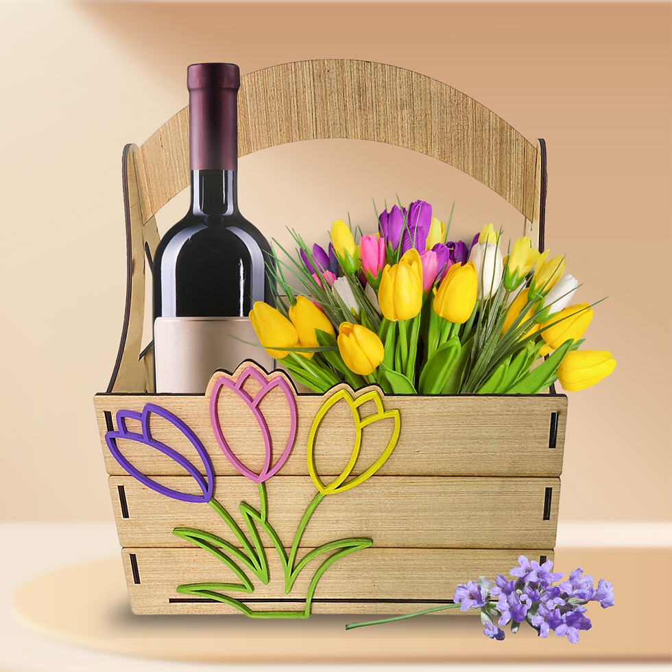 Canasta Triplay de Pino Para Vino Flores Regalo Para Mamá 31x21cm | Sin Botella