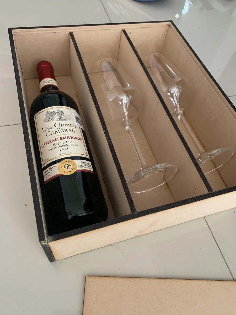 Miniatura: Caja MDF Para Vino y 2 Copas Con Grabado | Sin Botella | Sin Copas | Para Papá