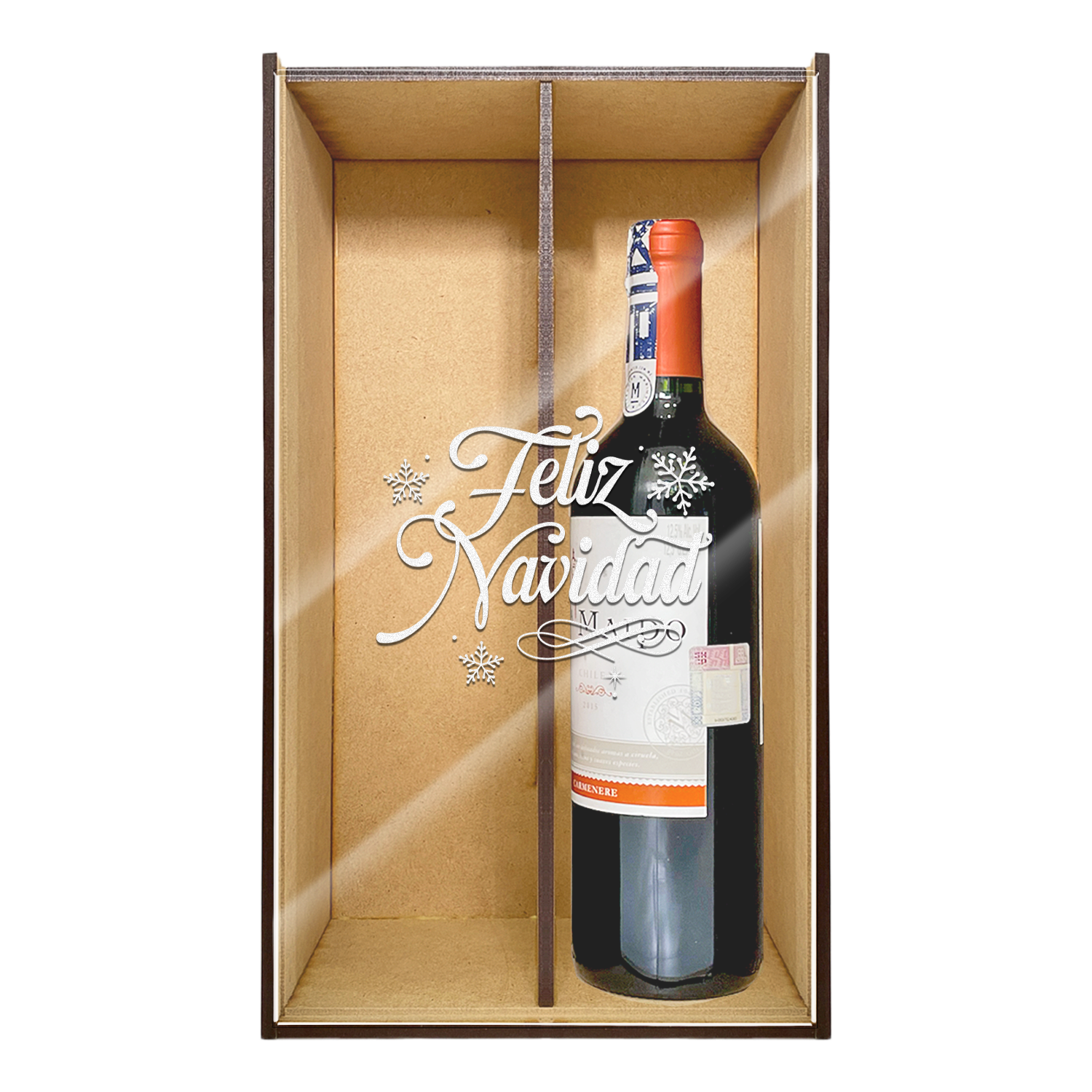 Caja MDF Para Dos Vinos Tapa De Acrílico Grabada Navidad | Sin Botella