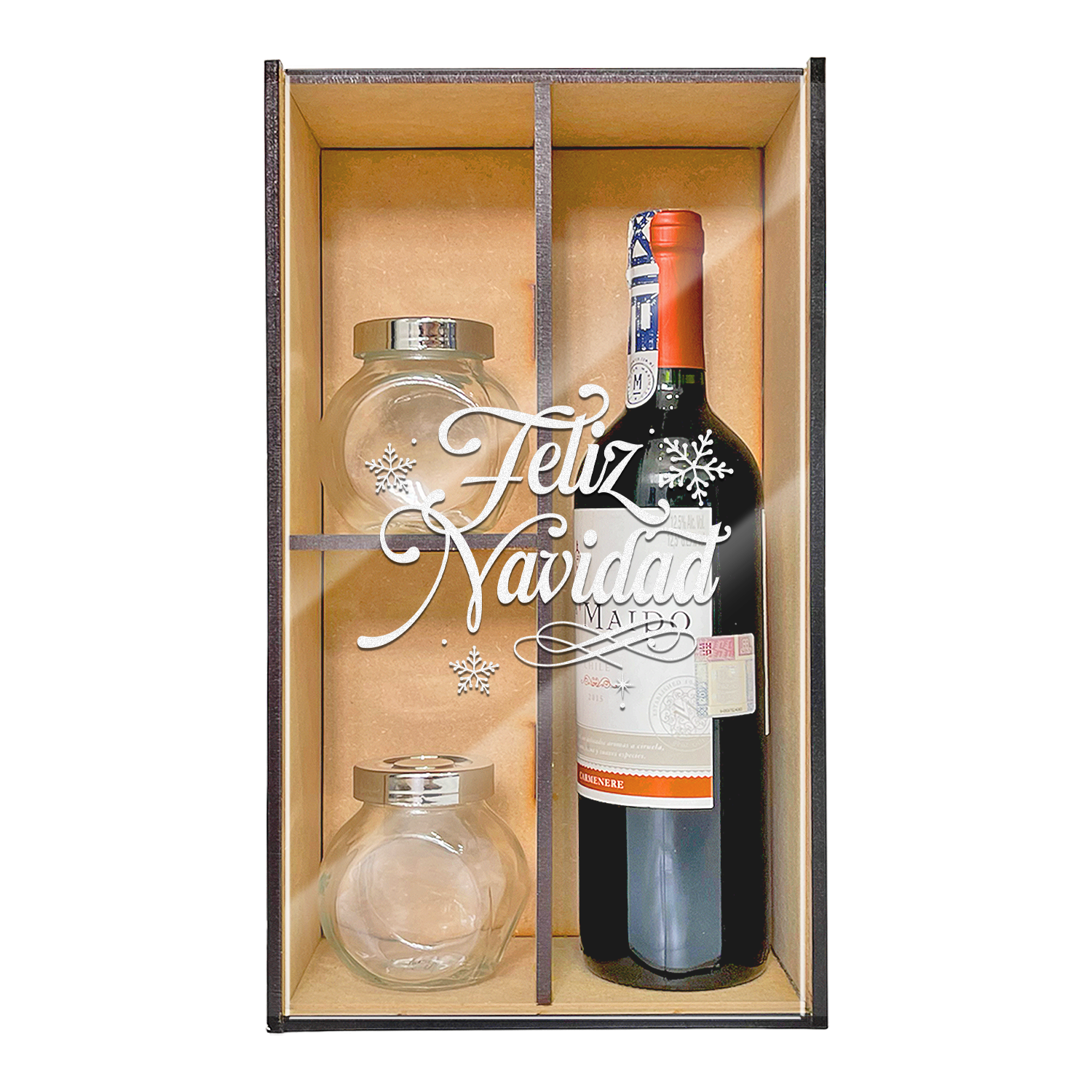 Caja MDF Grabada Para Botella y Compartimentos Tapa Acrílico Navidad Sin Botella