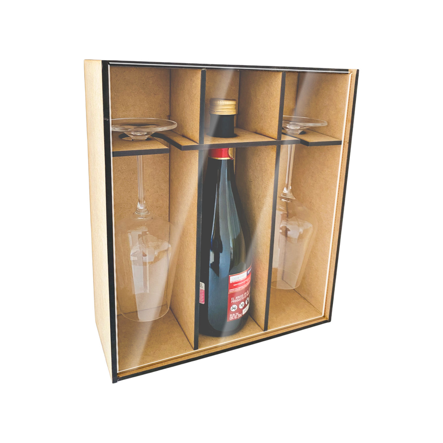 Caja Madera MDF Para Vino y 2 Copas Con Soporte Tapa Acrílico | Sin Botella