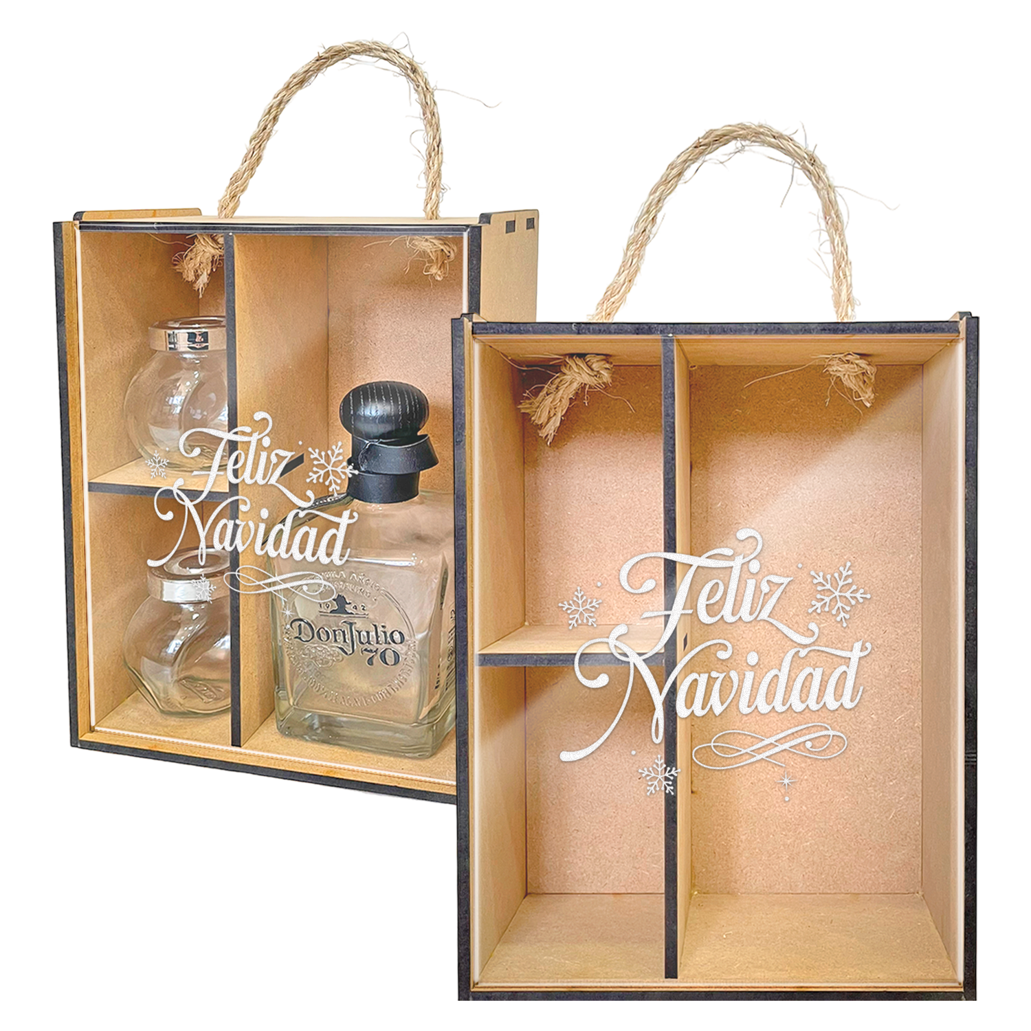Caja MDF Con Mecate Tapa Acrílico Grabada Navidad Para Don Julio | Sin botella