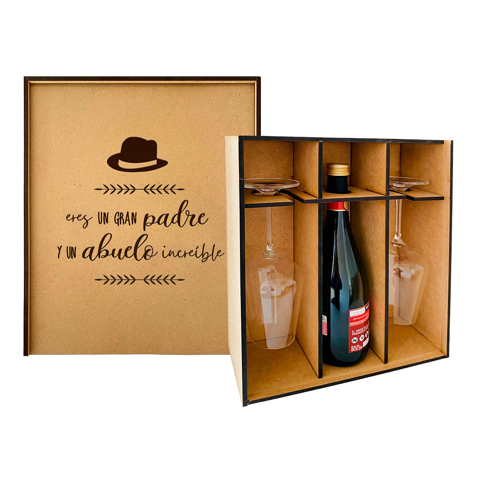 Miniatura: Caja MDF Con Soporte Para Vino y Copas Grabada | Para Los Abuelos