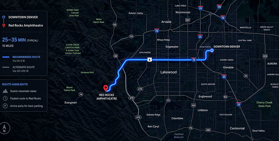 Map route from Denver to Red Rocks Amphitheatre for private transportation