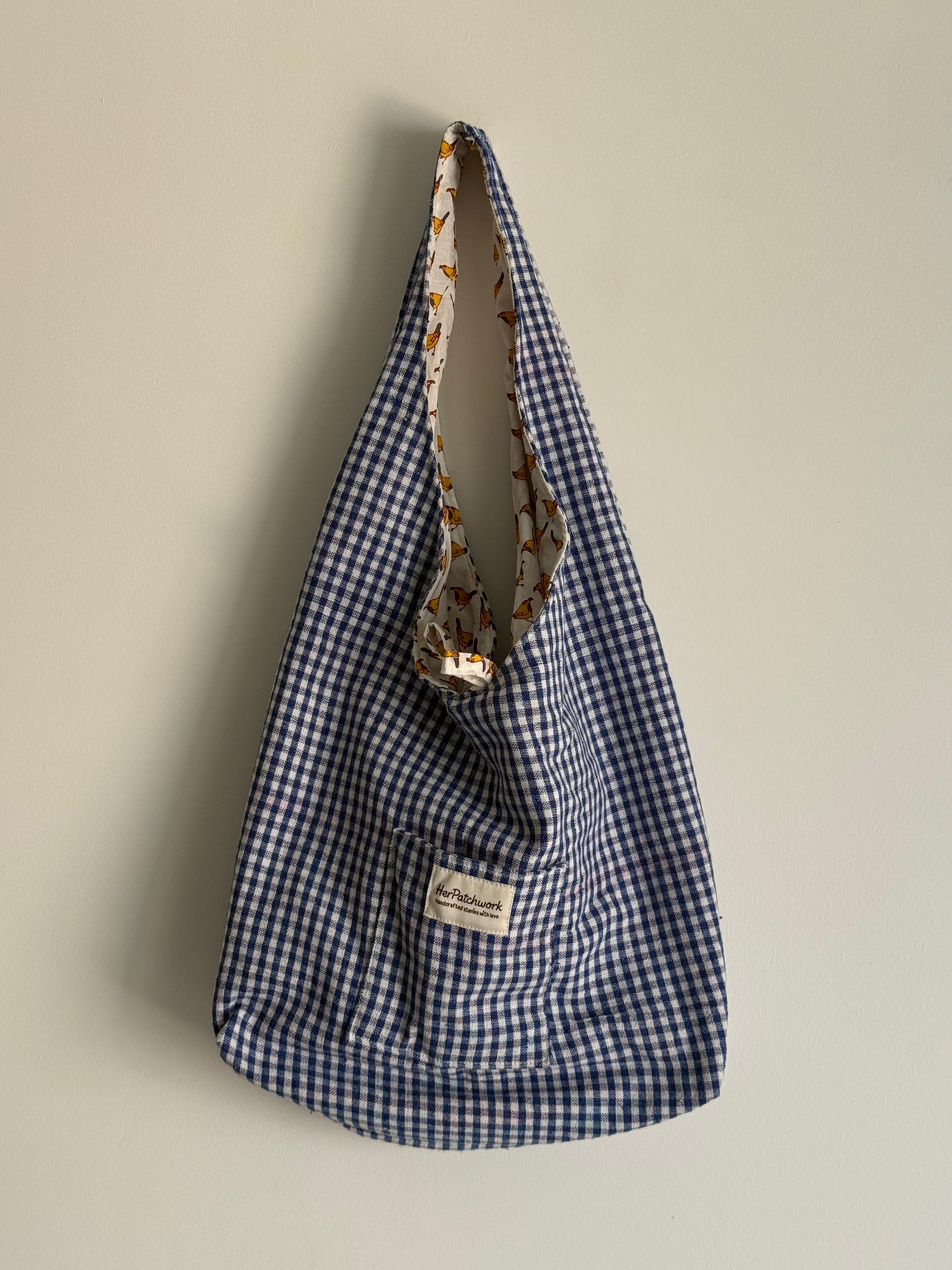 Blue Gingham reversible slouchy bag
