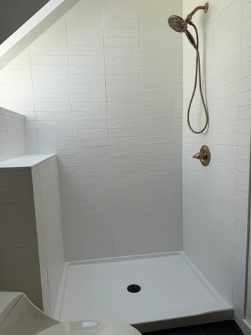 In progress- one day to design, two weeks to gut and remodel a small top-floor guest bathroom.