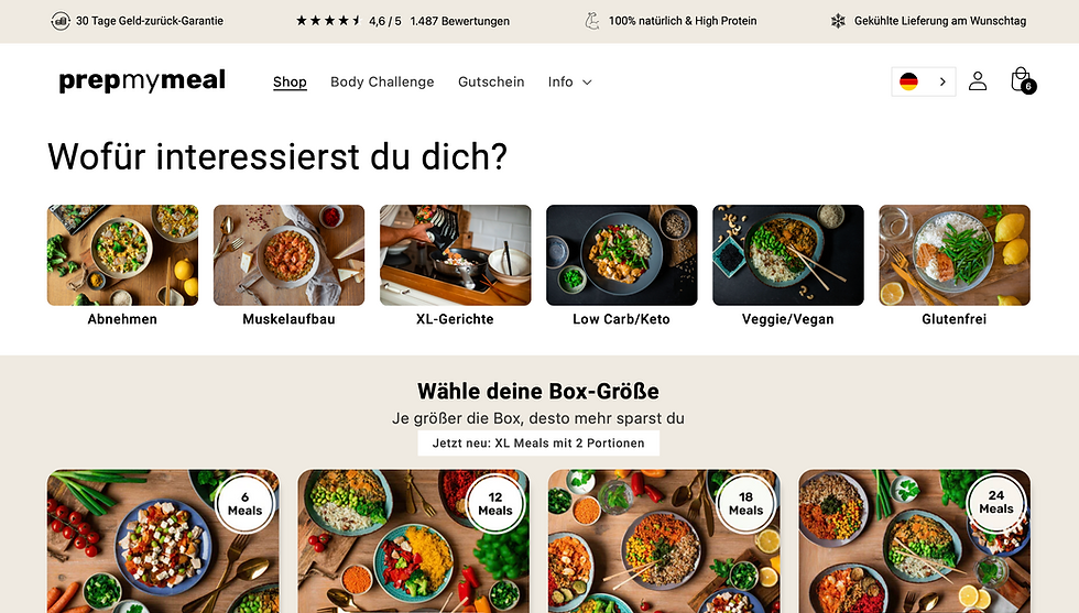 Ansicht der prepmymeal Website mit bunten Bildern und der Wahl der Meal Prep Box Größe