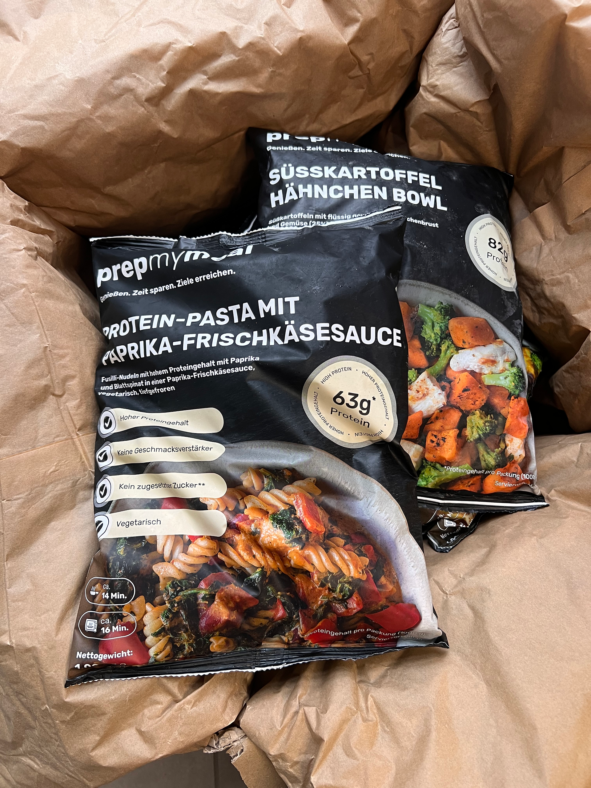 Prepmymeal Tüten Unboxing, Protein Pasta, Hähnchen- Süsskartoffel Bowl