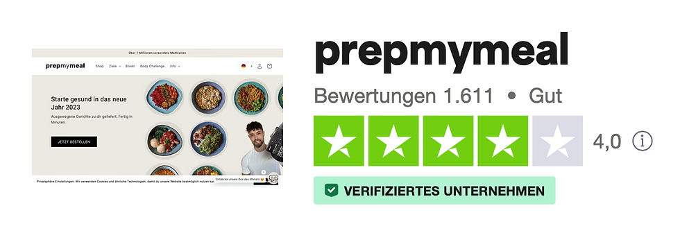 Übersicht der Trustpilot Bewertung von prepmymeal, kleiner Website Ausschnitt, gute Bewertung von 4,0 Sternen, verifiziertes Unternehmen   