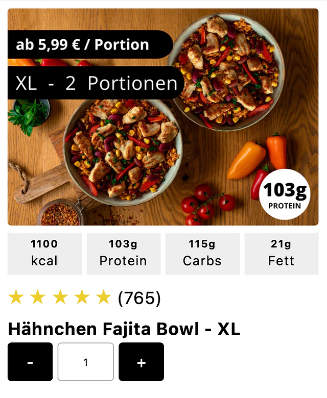 Zu jedem Gericht die genauen Nährwertangaben. Kalorienwert, Proteingehalt, Carbs und Fettgehalt