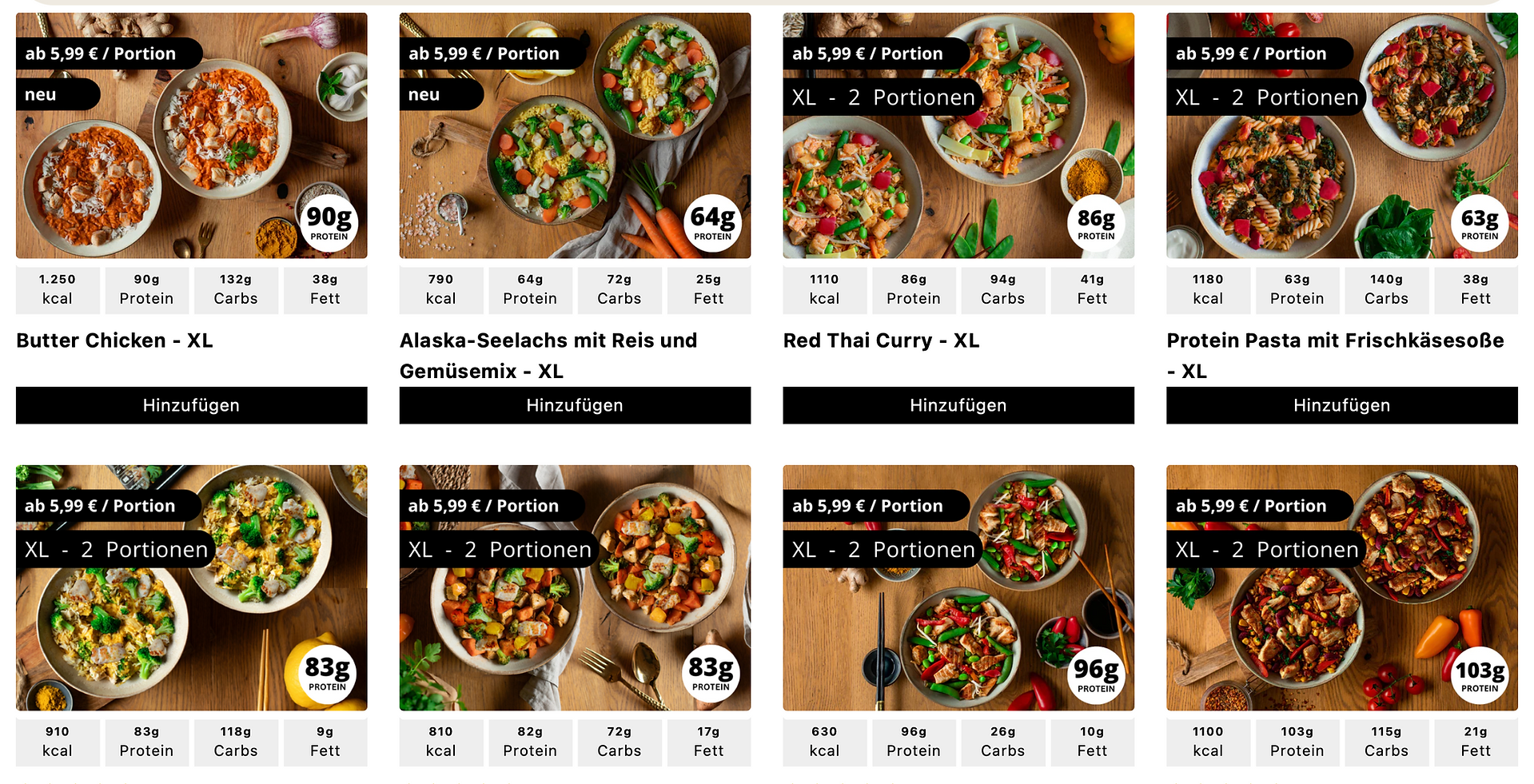Website Ausschnitt von prepmymeal, bunte Gerichte