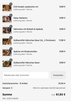 Übersicht der Auswahl der Gerichte und Kosten im Warenkorb, alles auf einen Blick und die Summe