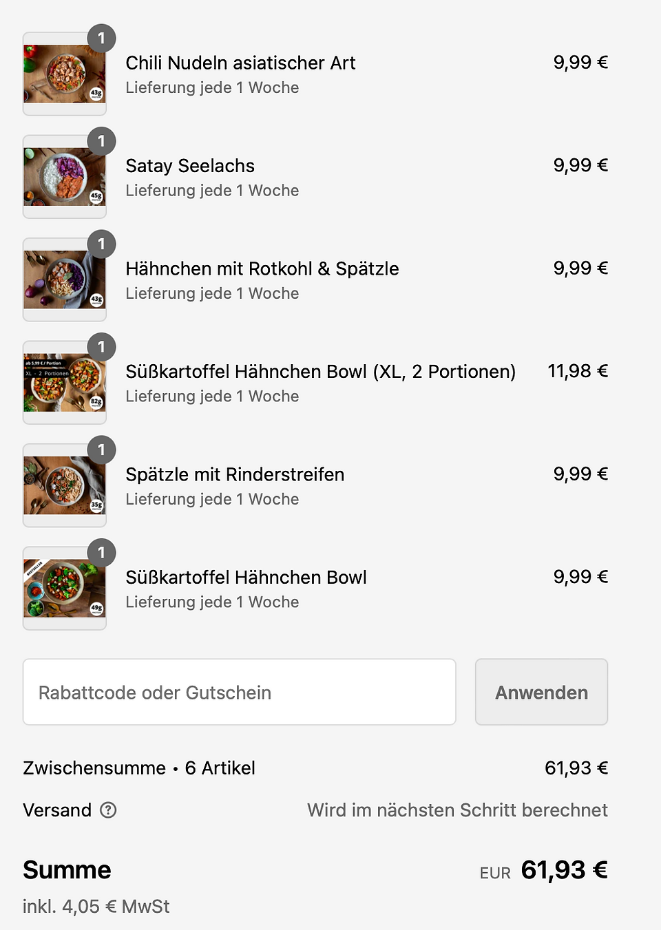 Übersicht der Auswahl der Gerichte und Kosten im Warenkorb, alles auf einen Blick und die Summe