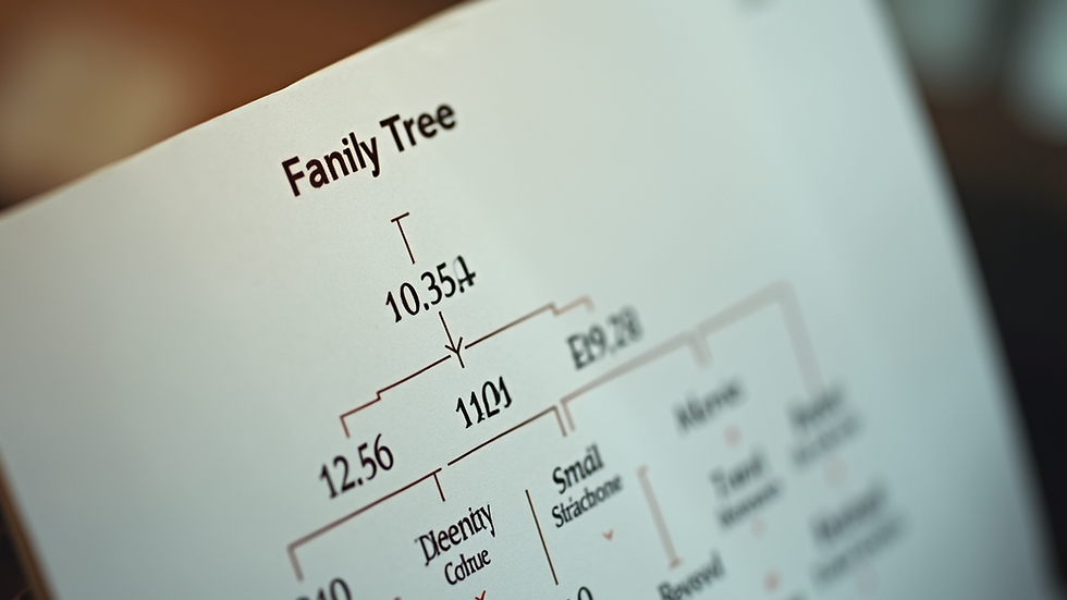 Eye-level view of a family tree diagram with names and dates