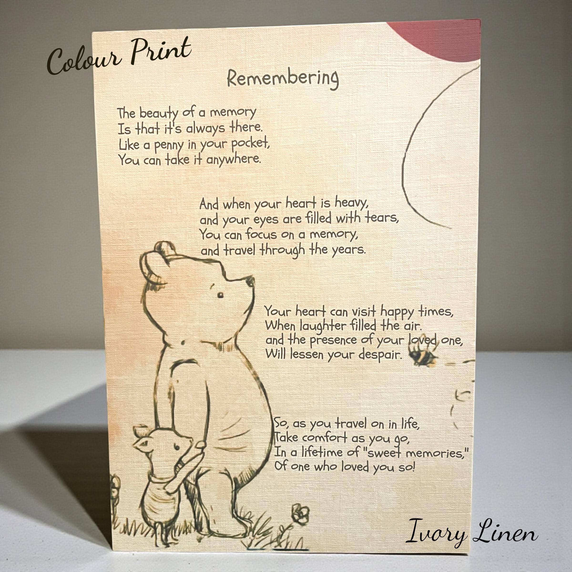 Winnie the Pooh Thinking of you card; Remembering; sending hugs;Bereavement; Big