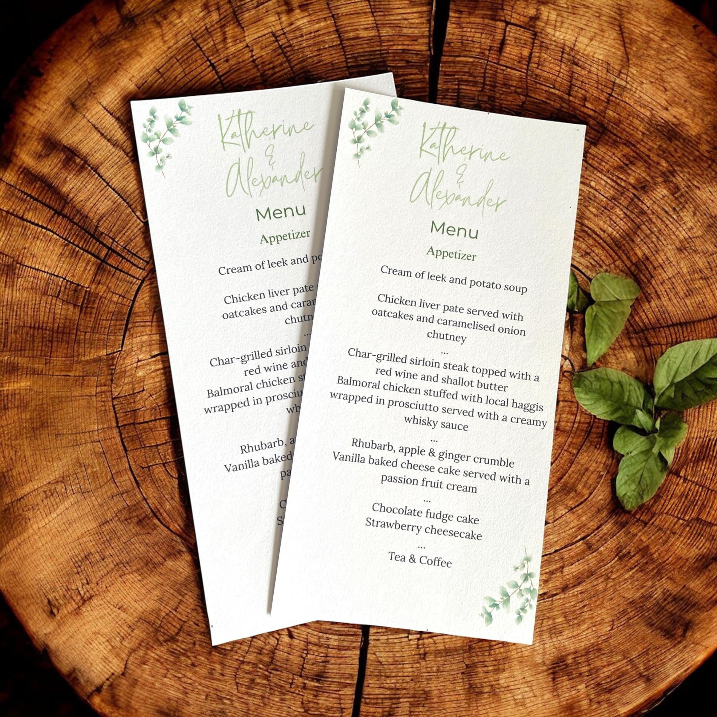 Personalized Eucalyptus Wedding Menu Card: Elegant Printed Design