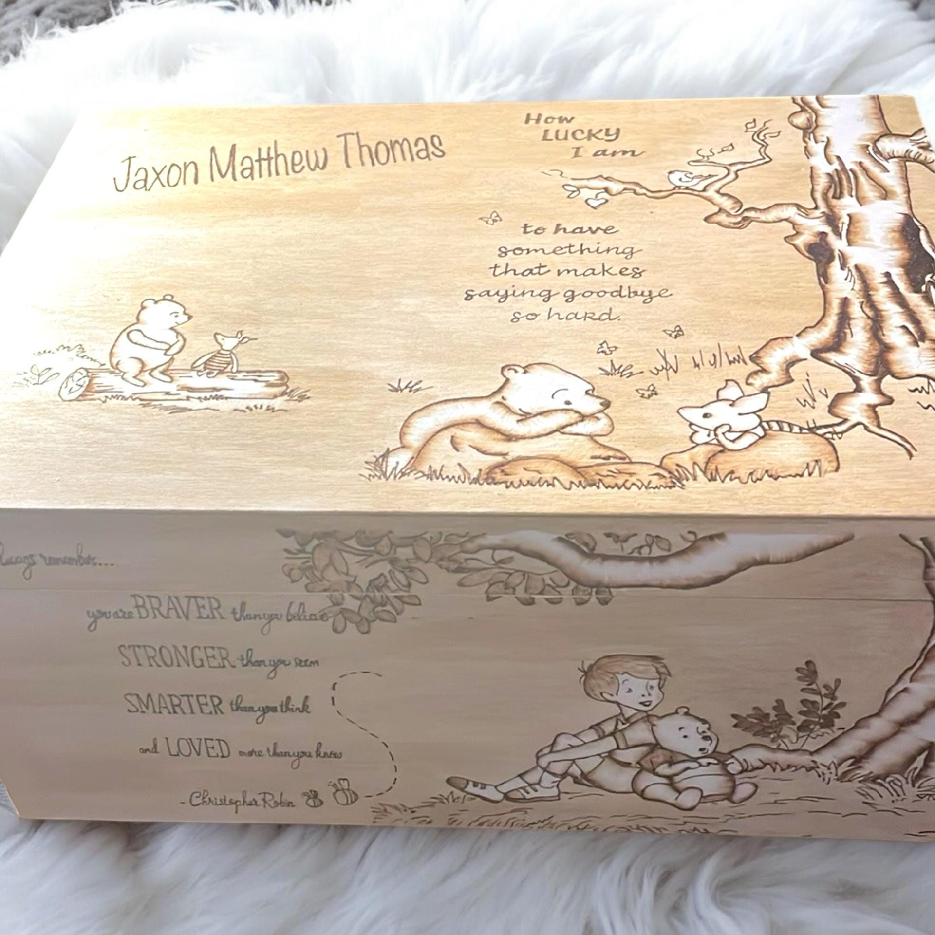 Extra Large Custom Designed Hand Burned Pyrography Winnie the Pooh Memory Box