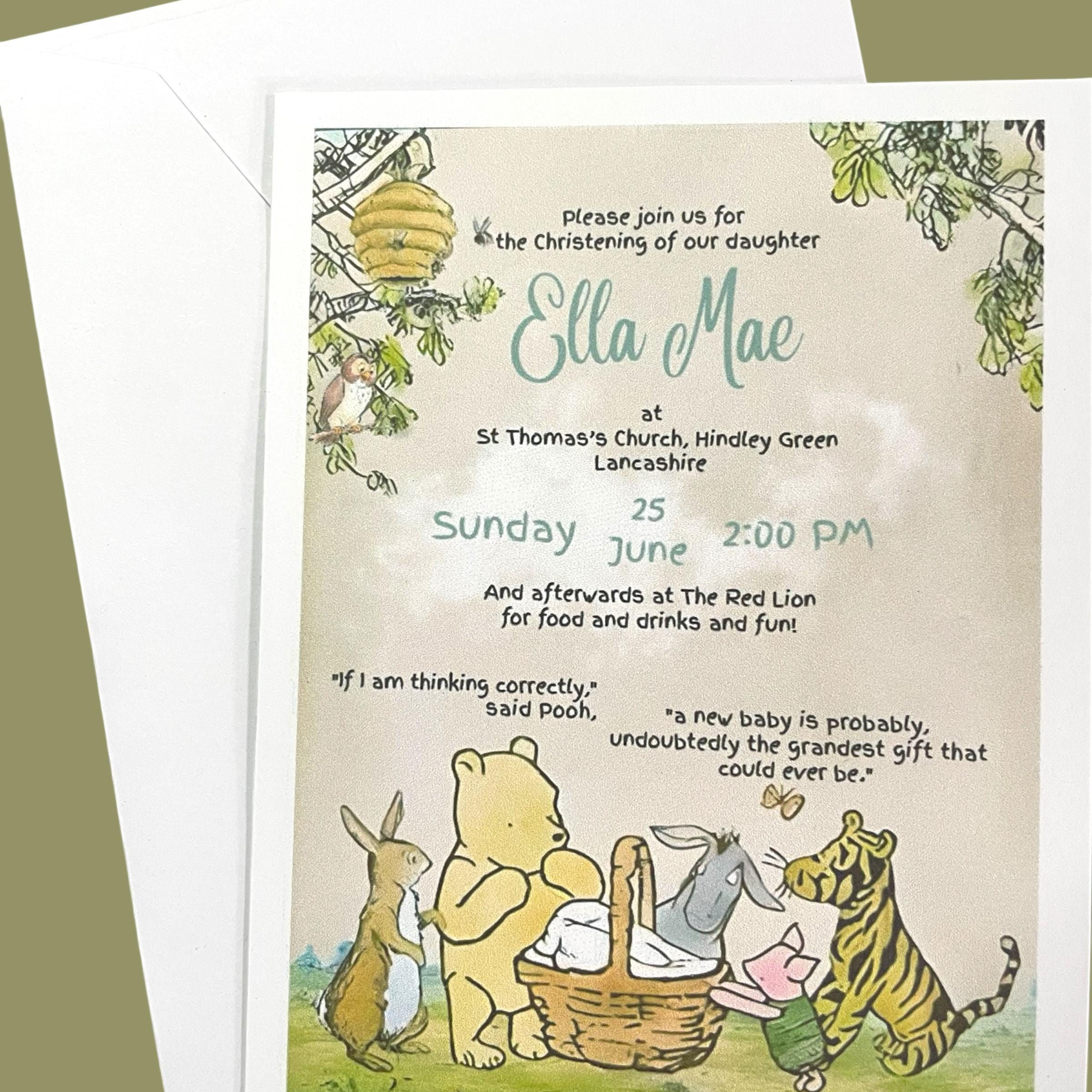 Handmade Winnie the Pooh Christening Invitations with envelopes, A6 Multipacks