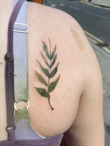 Green leafy branch tattoo on shoulder