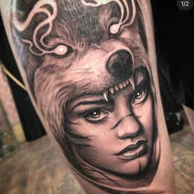 wolf woman black and grey realism tattoo london portrait blend detailed shading high contrast