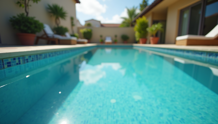 Eye-level view of a backyard swimming pool with water level below the tile line
