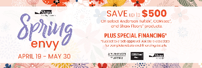 Spring Envy is the SFN traditional spring promotion but with a new consumer rebate offer up to $500. That’s right! No coupon split or coupon redemption for this promotion. Instead of a coupon, SFN is providing a consumer rebate up to $500 for qualifying purchases made April 19 – May 30, 2024! Consumer Rebate up to $500 for qualifying purchases is: $2.00/square yard ($0.22/square foot) on soft surface and $0.12/square foot on hard surface. The rebate can include a mix of any qualifying products. Overview of qualifying products for Anderson Tuftex, COREtec, and Shaw Floors: • Anderson Tuftex: Anso soft surface and select hard surface products • COREtec: Originals Classics, Originals Enhanced, and Originals Premium • Shaw Floors soft surface products: Anso Colorwall, Pet Perfect, Pet Perfect+, Classics, Foundations and Simply the Best • Shaw Floors hard surface products: The Gallery, Floorte Classics Only residential, first quality styles are eligible for consumer rebate offer. Promotional goods do not qualify.