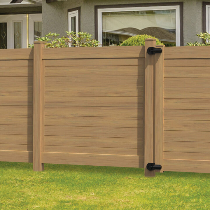 A wood-grain look vinyl privacy fence rendering