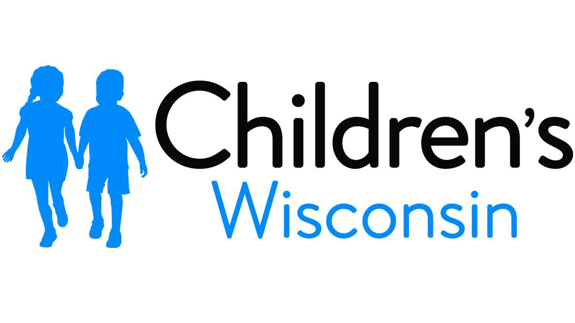 Children's Wisconsin logo, two blue silhouettes of children holding hands.