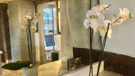 Handcrafted patina mirror splashback behind Aga, reflecting natural light and rustic charm in the kitchen.