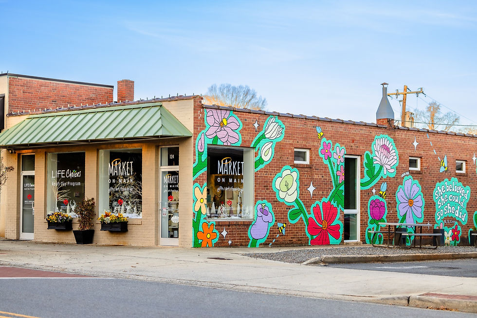 Brick building with vibrant floral mural and text "She believed she could, so she did." Signs read "Market on Main" and "LIFE Choices."