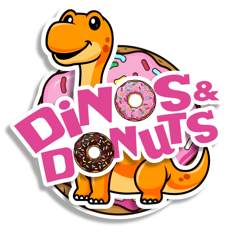 Orange dinosaur with a pink donut backdrop, text "DiNOS & DONuTS" in bold pink lettering, with donuts as letters. Fun and playful.