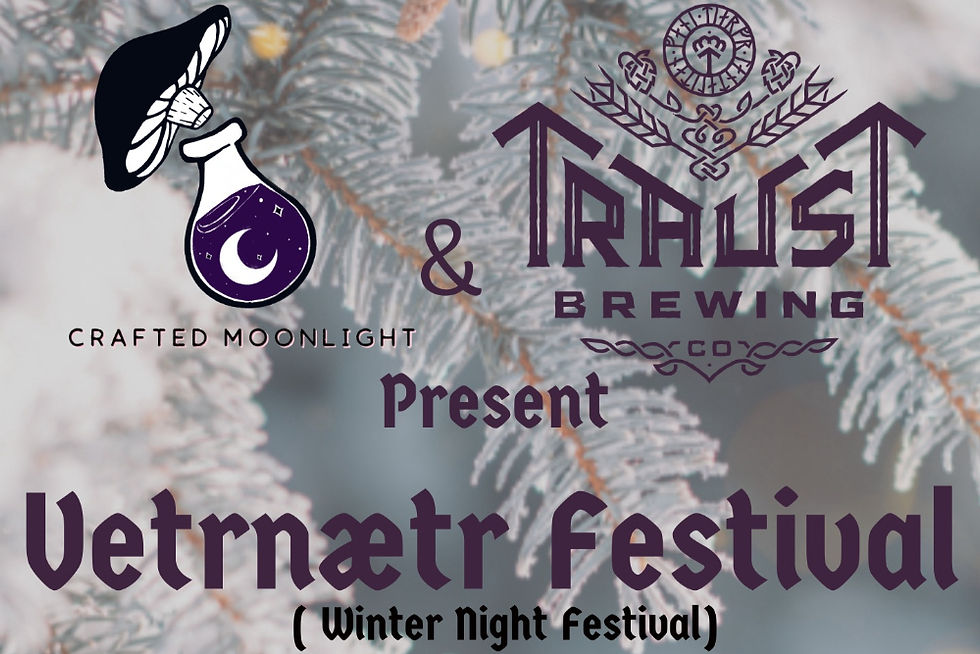Crafted Moonlight and Traust Brewing present Vetrnǽtr Festival (Winter Night Festival) over frosted pine branches.
