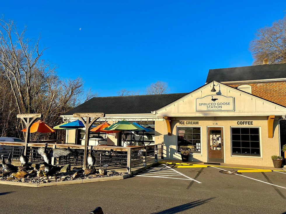 Outdoor cafe with colorful umbrellas and "Spruced Goose Station" sign. Blue sky, trees, and a half moon in the background.