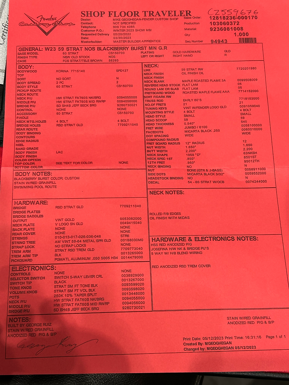Thumbnail: 2023 Fender Custom Shop Masterbuilt '59 Stratocaster NOS Blackberry Burst