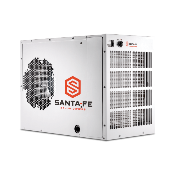 Silver dehumidifier with Santa Fe logo, hexagonal vent, and control knobs. Text reads "SANTA-FE DEHUMIDIFIERS." Black background.